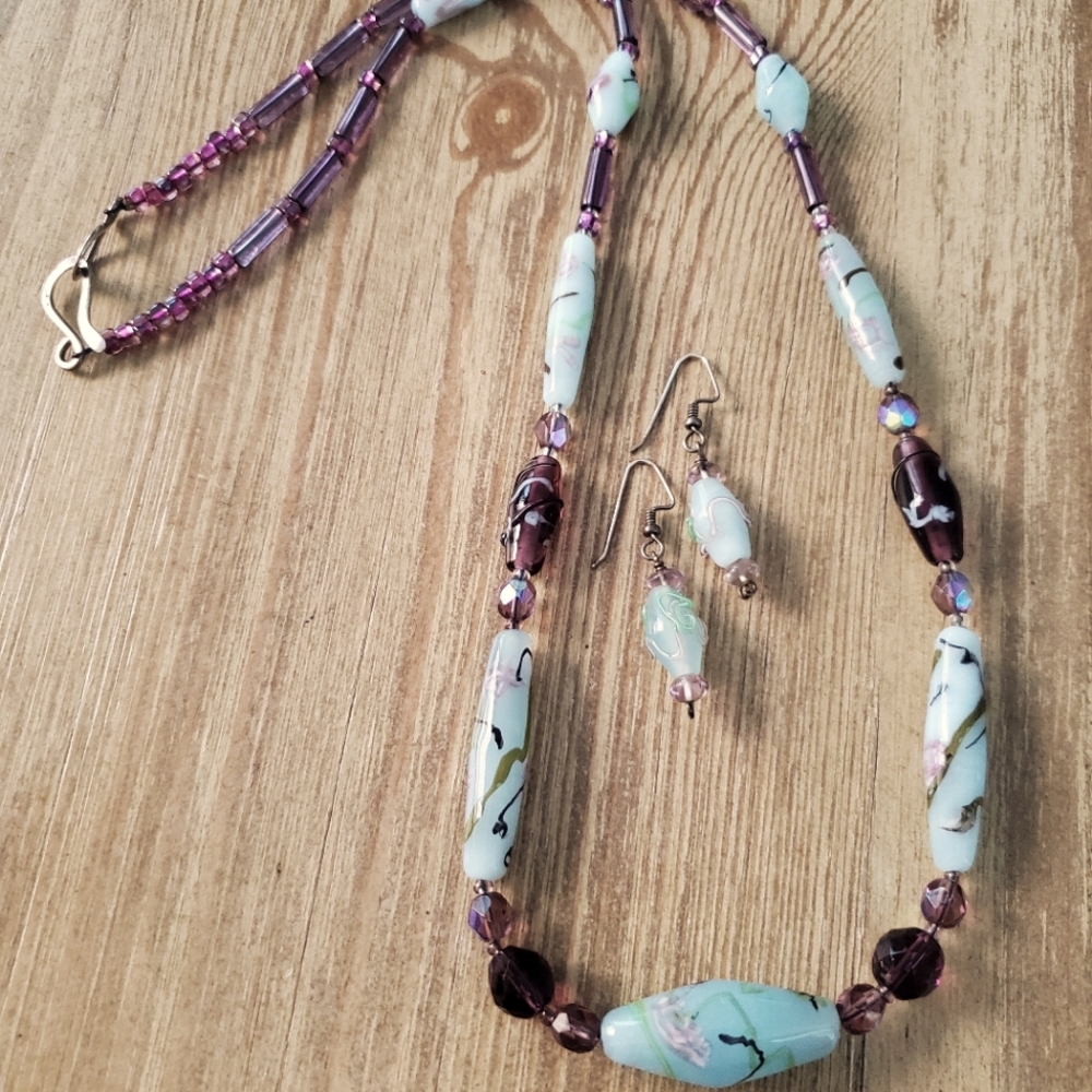 Blue Plum Purple Glass Beaded Necklace Earring Set Sterling Silver Trim